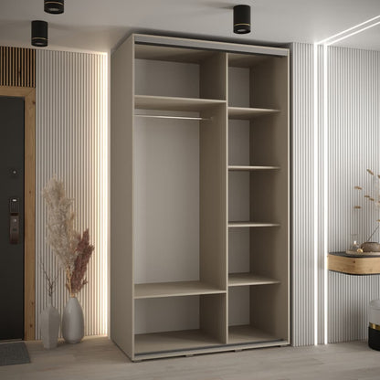 Modern wardrobe with open shelves in a room with striped walls and decorative elements.