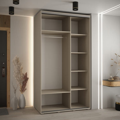 Modern wardrobe with open shelves in a room with striped walls and decorative elements.