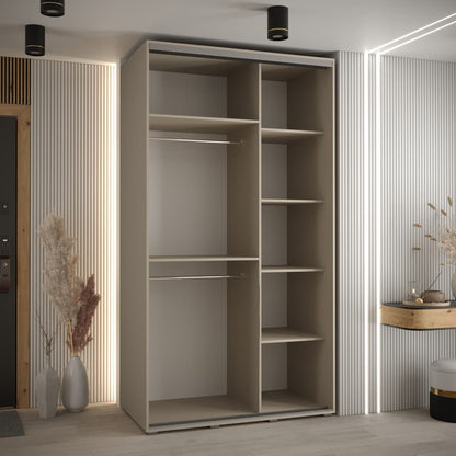 Modern wardrobe with open shelves in a room with striped walls and decorative elements.