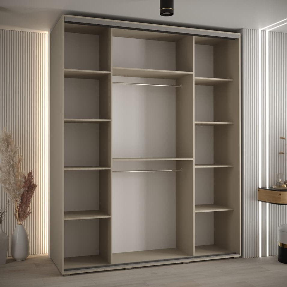 Beige wardrobe with sliding door in a room with striped walls and decorative elements.