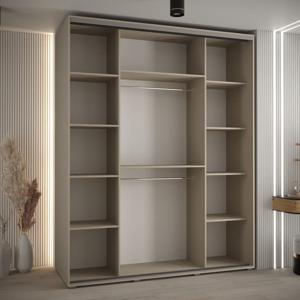 Beige wardrobe with sliding door in a room with striped walls and decorative elements.