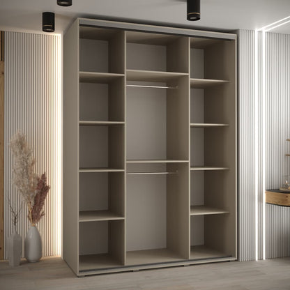 Large beige wardrobe with open shelves in a room with striped walls and minimal decor.