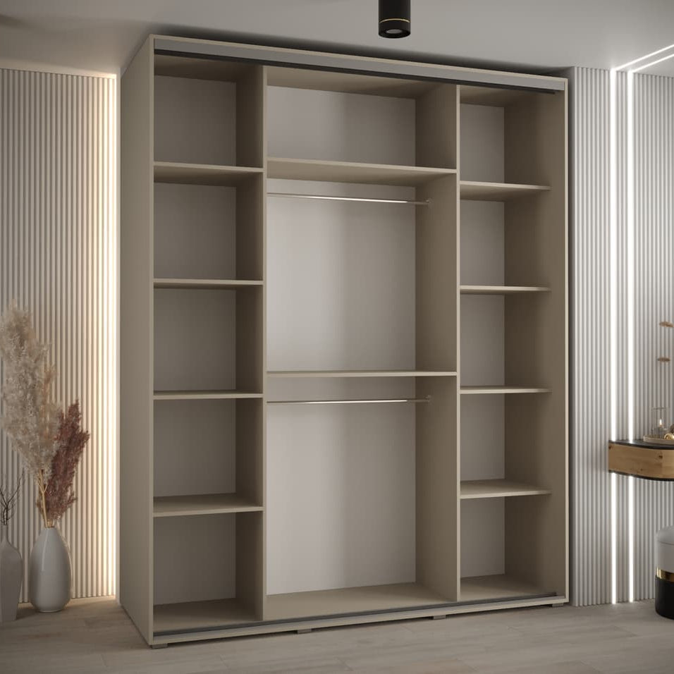 Beige wardrobe with sliding door in a room with striped walls and decorative elements.