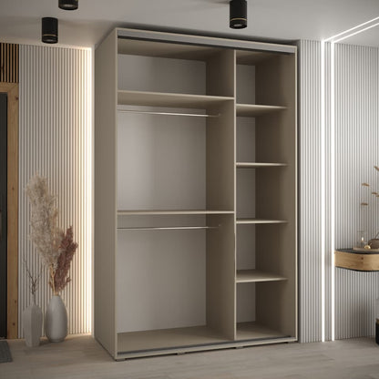Beige wardrobe with open shelves in a modern room setting.