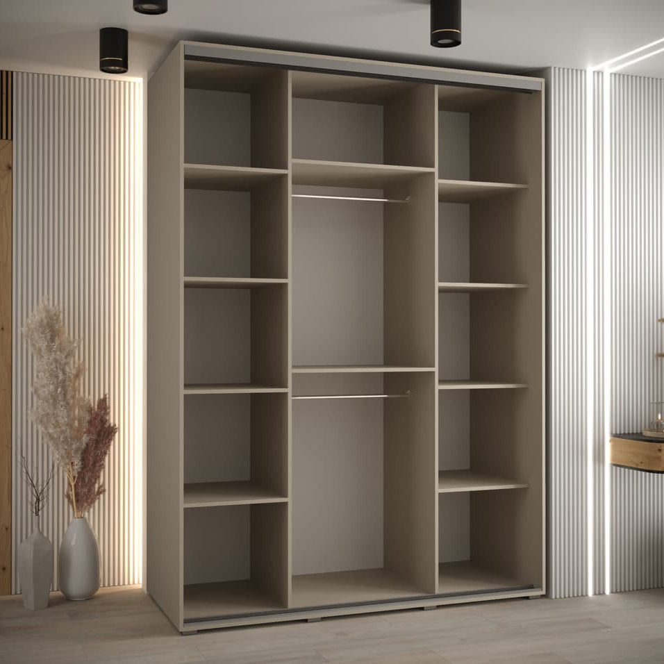 Large beige wardrobe with open shelves in a room with striped walls and minimal decor.