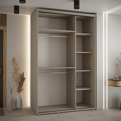 Beige wardrobe with open shelves in a modern room setting.