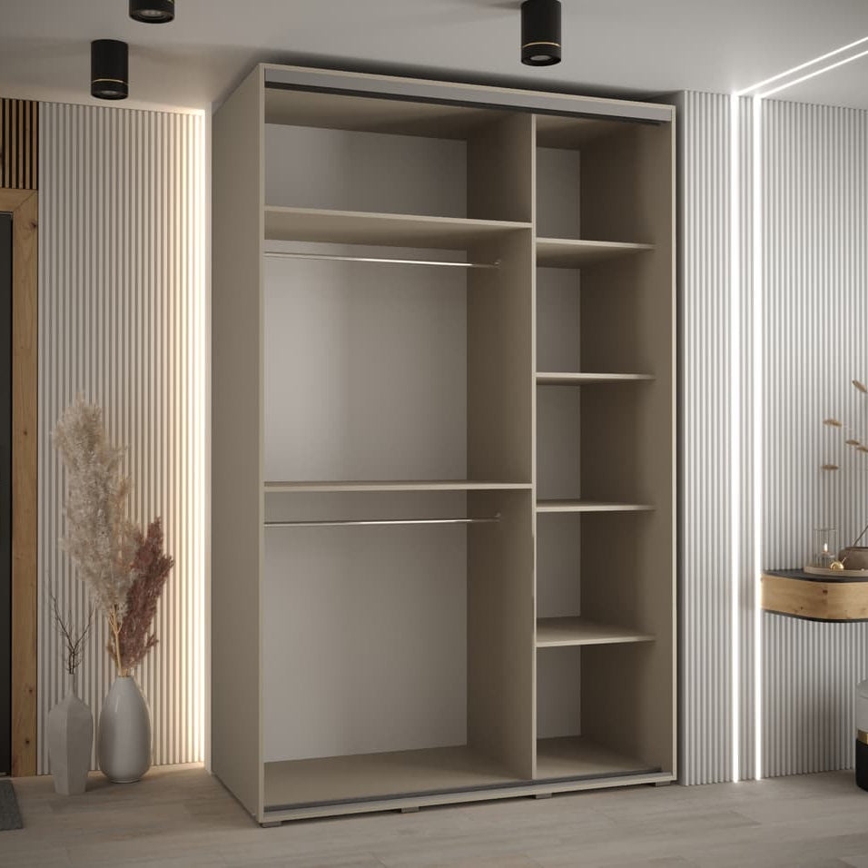 Beige wardrobe with open shelves in a modern room setting.