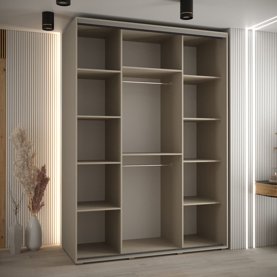 Large beige wardrobe with open shelves in a room with striped walls and minimal decor.