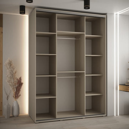 Large beige wardrobe with open shelves in a room with striped walls and minimal decor.
