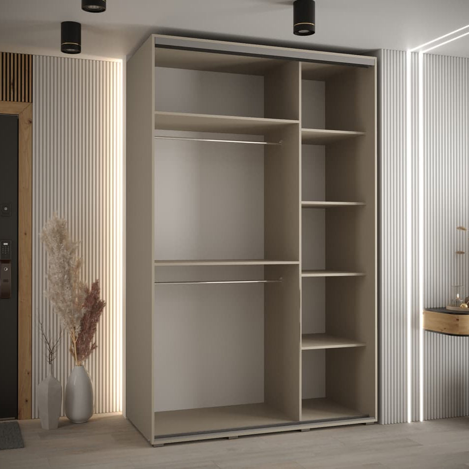 Beige wardrobe with open shelves in a modern room setting.