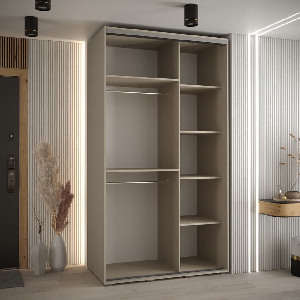 Modern wardrobe with open shelves in a room with striped walls and decorative elements.