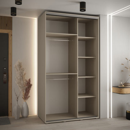 Modern wardrobe with open shelves in a room with striped walls and decorative elements.