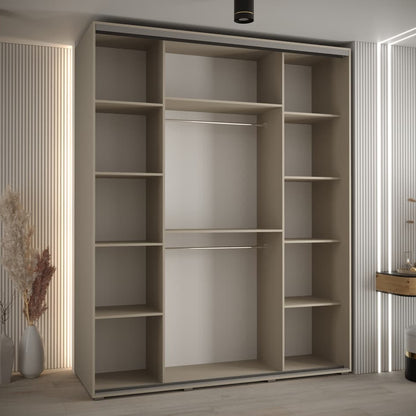 Beige wardrobe with sliding door in a room with striped walls and decorative elements.
