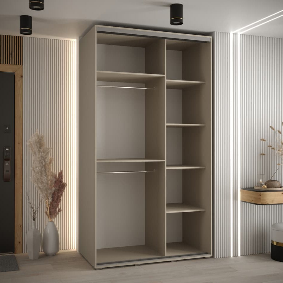 Modern wardrobe with open shelves in a room with striped walls and decorative elements.