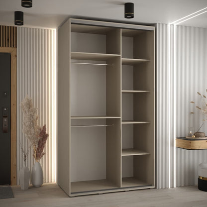 Modern wardrobe with open shelves in a room with striped walls and decorative elements.