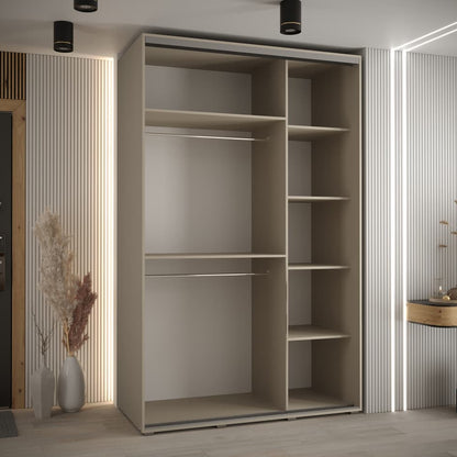 Beige wardrobe with open shelves in a modern room setting.