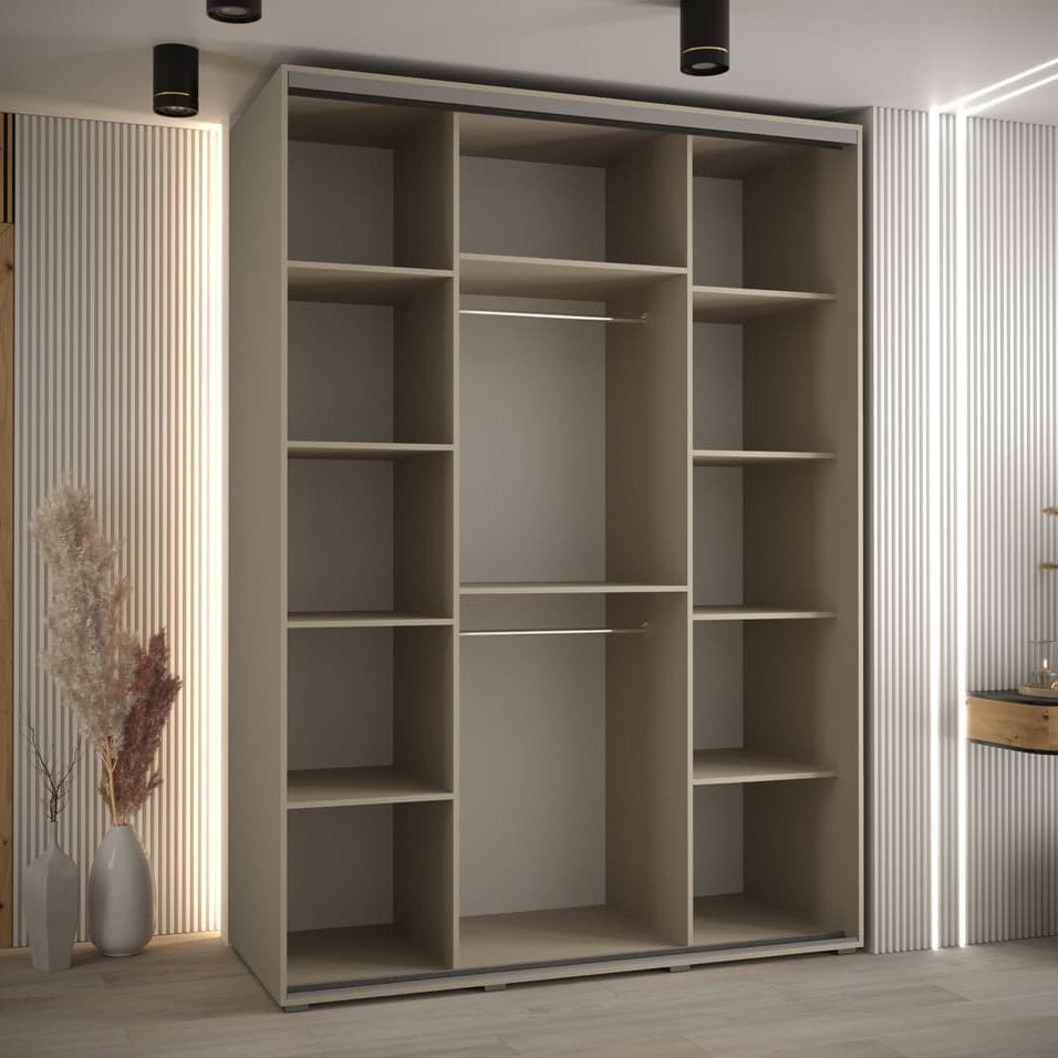Large beige wardrobe with open shelves in a room with striped walls and minimal decor.