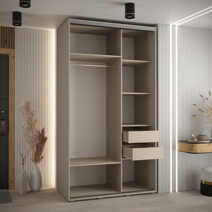 Modern wardrobe with open shelves and drawers in a room with striped walls and decorative elements.