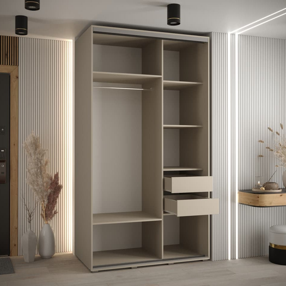 Modern wardrobe with open shelves and drawers in a room with striped walls and decorative elements.