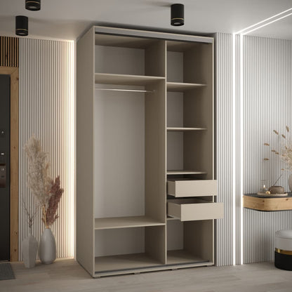Modern wardrobe with open shelves and drawers in a room with striped walls and decorative elements.