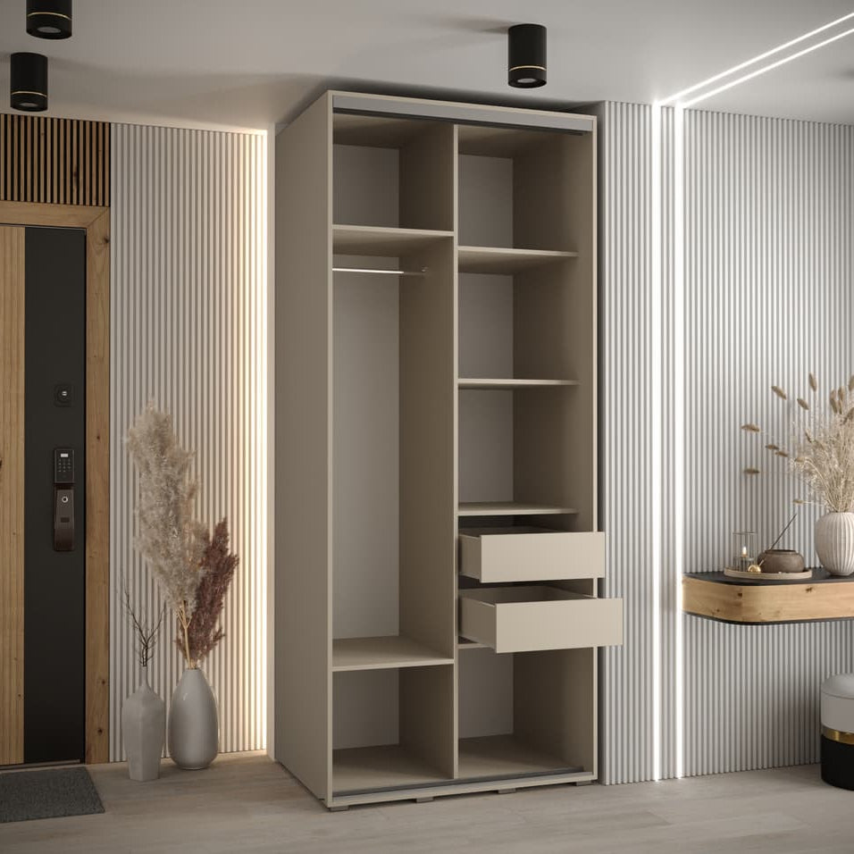 Beige wardrobe with shelves and drawers in a modern room setting.