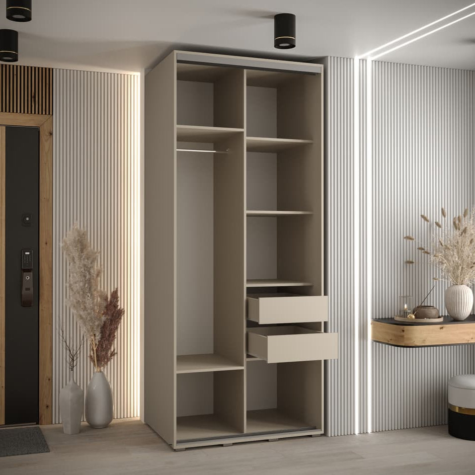 Beige wardrobe with shelves and drawers in a modern room setting.