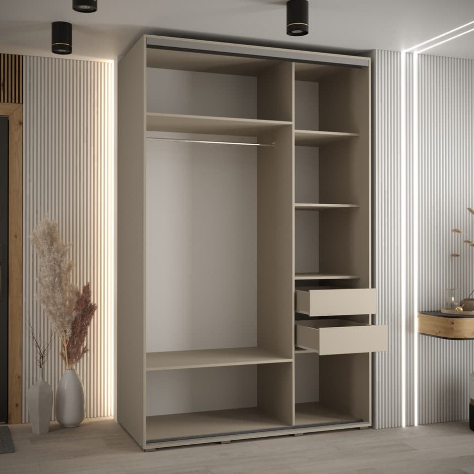 Beige wardrobe with shelves and drawers in a room with striped walls and a door.