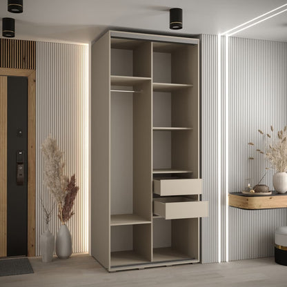 Beige wardrobe with shelves and drawers in a modern room setting.