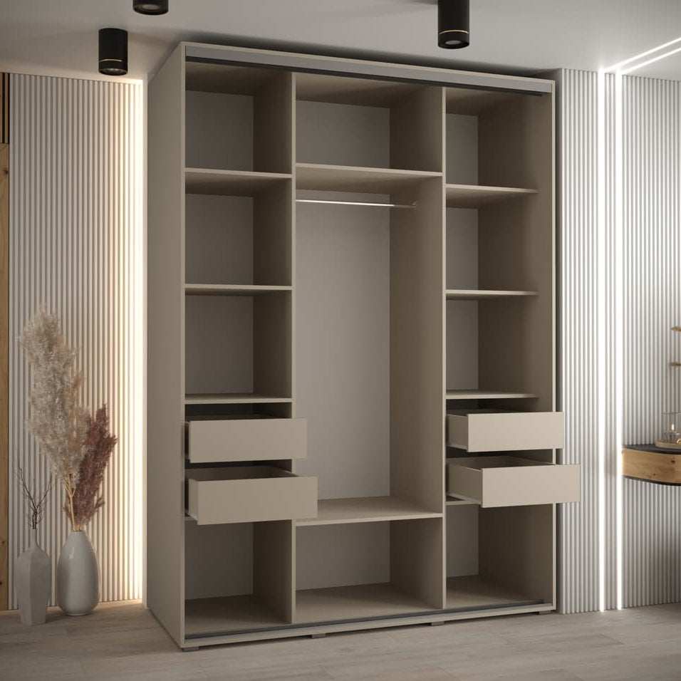Large wardrobe with shelves and drawers in a room with striped walls.