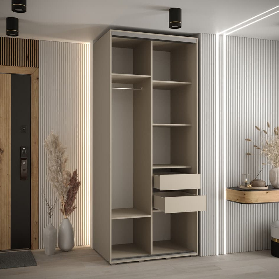 Beige wardrobe with shelves and drawers in a modern room setting.