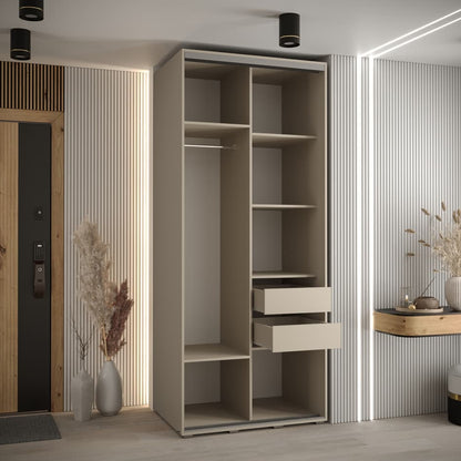 Beige wardrobe with shelves and drawers in a modern room setting.
