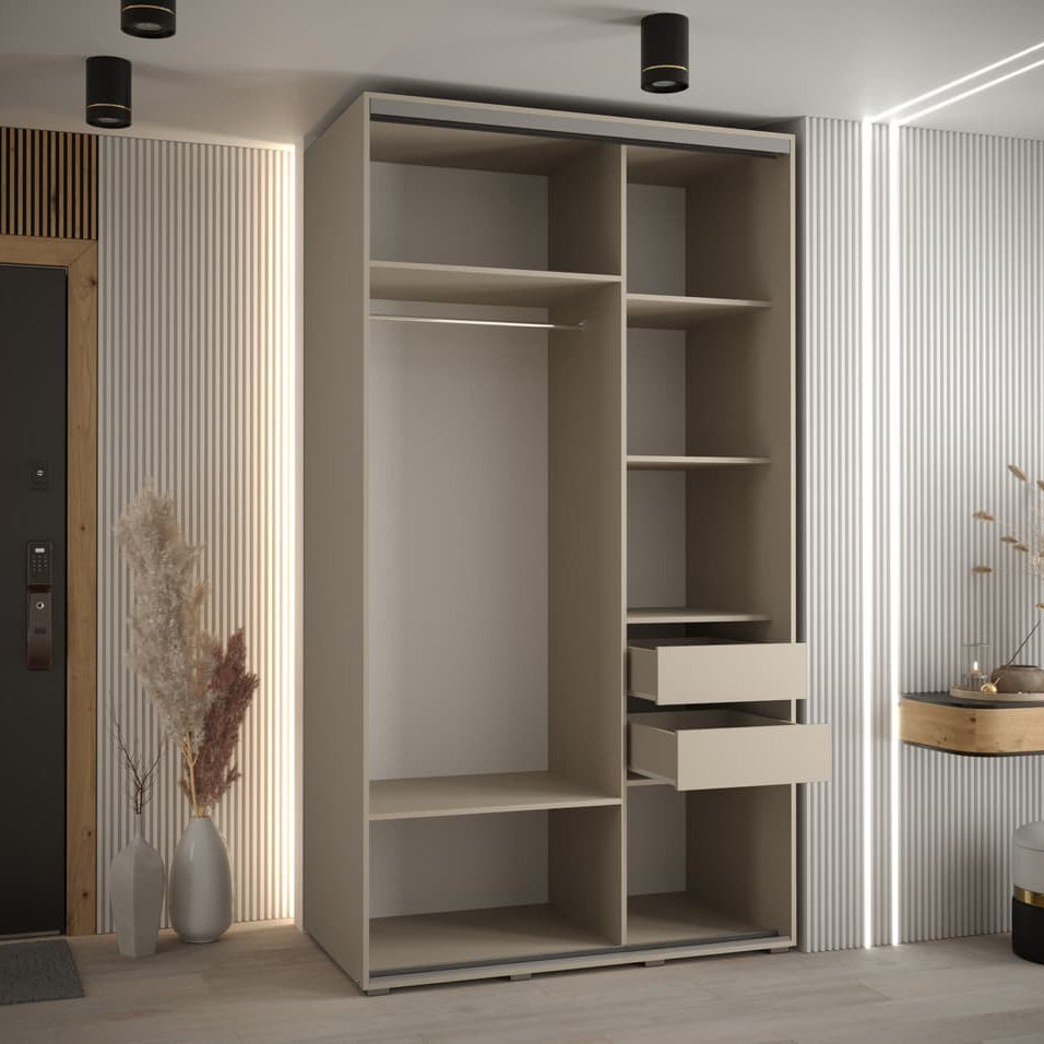 Modern wardrobe with open shelves and drawers in a room with striped walls and decorative elements.