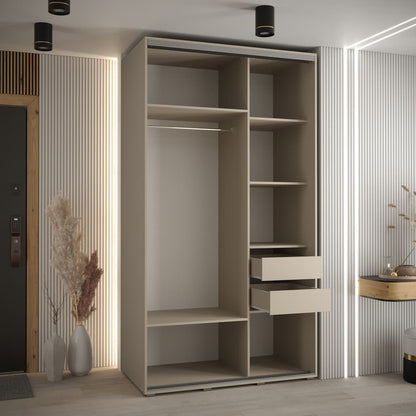 Modern wardrobe with open shelves and drawers in a room with striped walls and decorative elements.