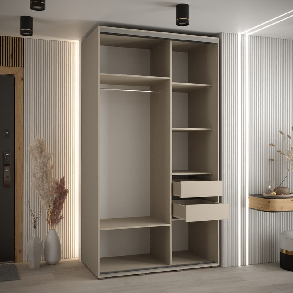 Modern wardrobe with open shelves and drawers in a room with striped walls and decorative elements.