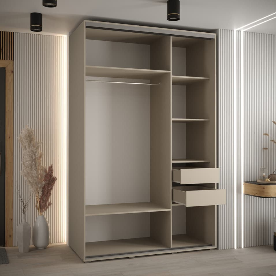 Beige wardrobe with shelves and drawers in a room with striped walls and a door.