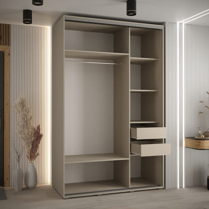 Beige wardrobe with shelves and drawers in a room with striped walls and a door.
