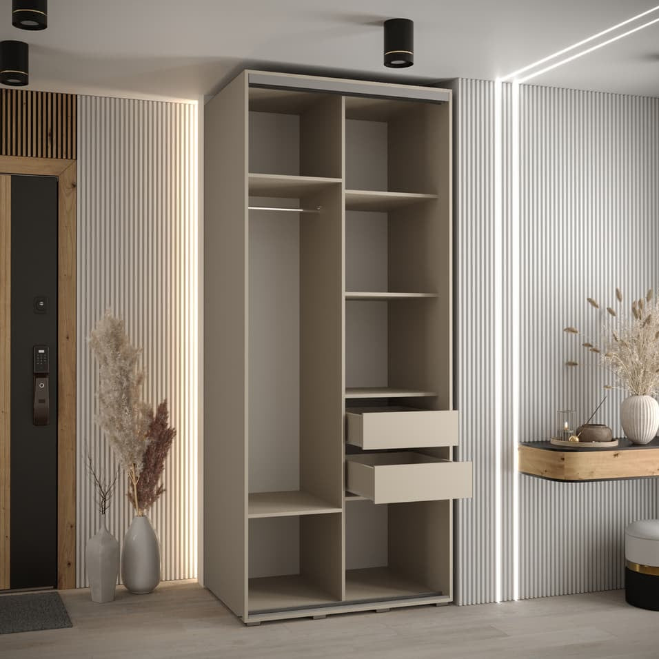 Beige wardrobe with shelves and drawers in a modern room setting.