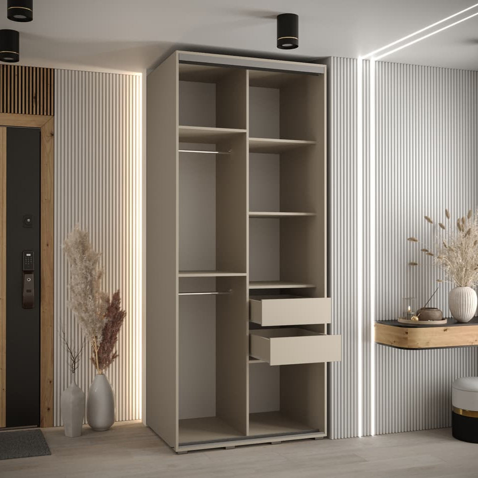 Modern wardrobe with shelves and drawers in a room with striped walls and a wooden door.