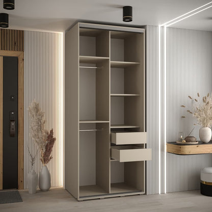 Modern wardrobe with shelves and drawers in a room with striped walls and a wooden door.
