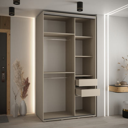 Modern wardrobe with open shelves and drawers in a room with striped walls and decorative elements.