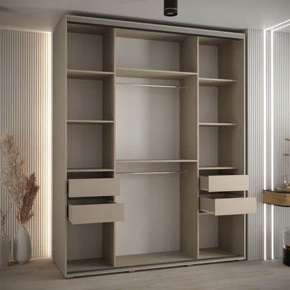 Beige wardrobe with shelves and drawers in a modern room setting