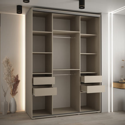 Large wardrobe with shelves and drawers in a room with striped walls.