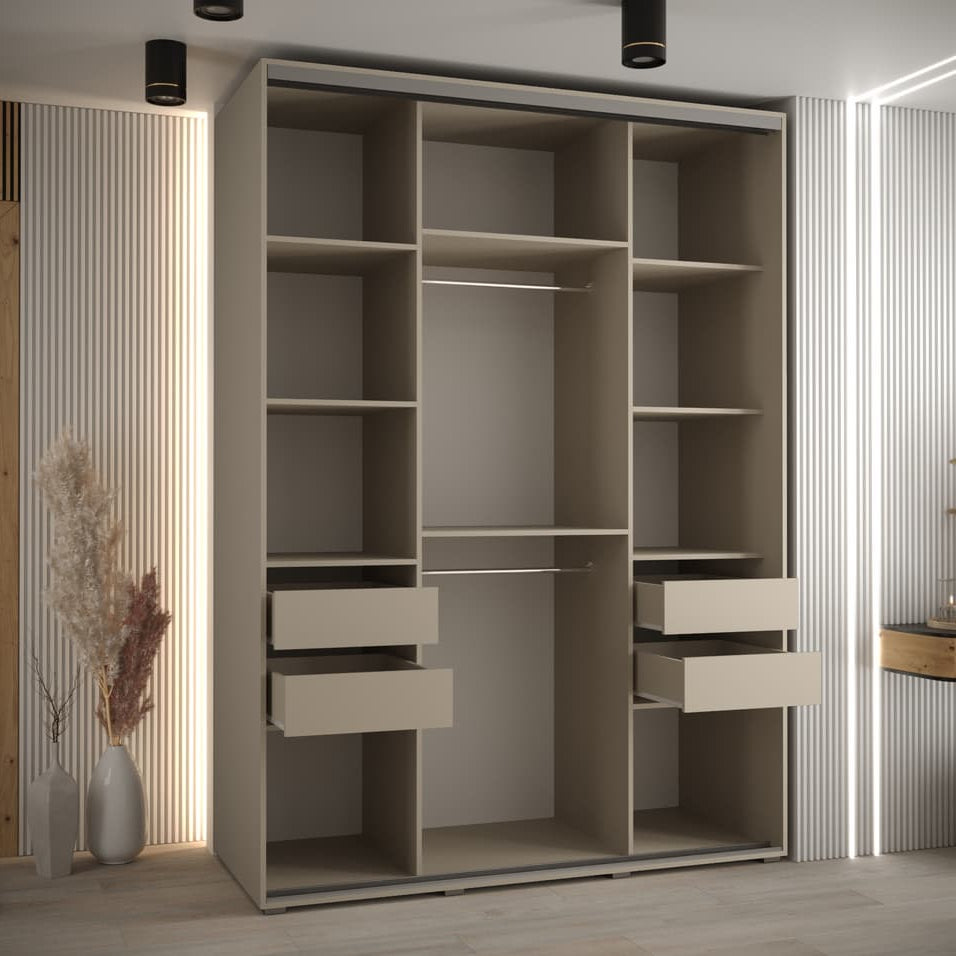 Large wardrobe with shelves and drawers in a room with striped walls.