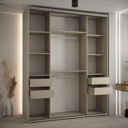 Beige wardrobe with shelves and drawers in a modern room setting