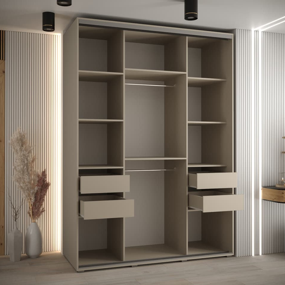 Large wardrobe with shelves and drawers in a room with striped walls.