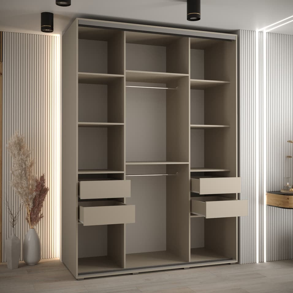 Large wardrobe with shelves and drawers in a room with striped walls.
