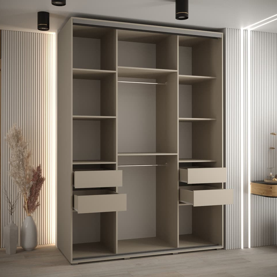Large wardrobe with shelves and drawers in a room with striped walls.