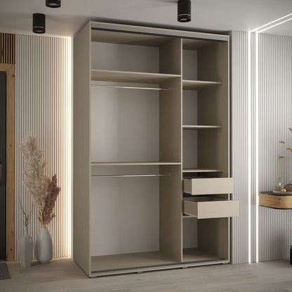 Large wardrobe with shelves and drawers in a room with striped walls and minimal decor.