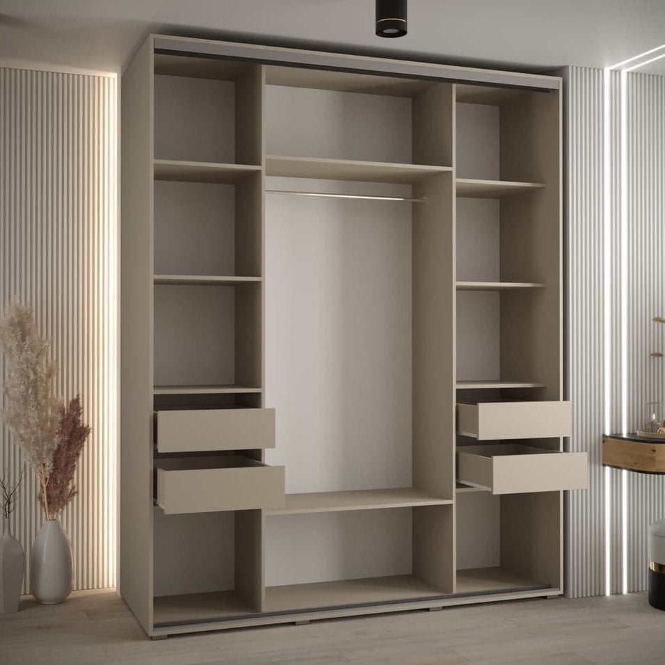 Beige wardrobe with shelves and drawers in a room setting