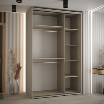 Beige wardrobe with open shelves in a modern room setting.
